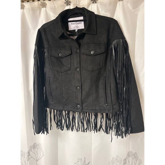 Juicy Couture Jackets & Blazers - Juicy Couture Fringed Trucker‎ Jacket Black Faux Suede Leather size Med